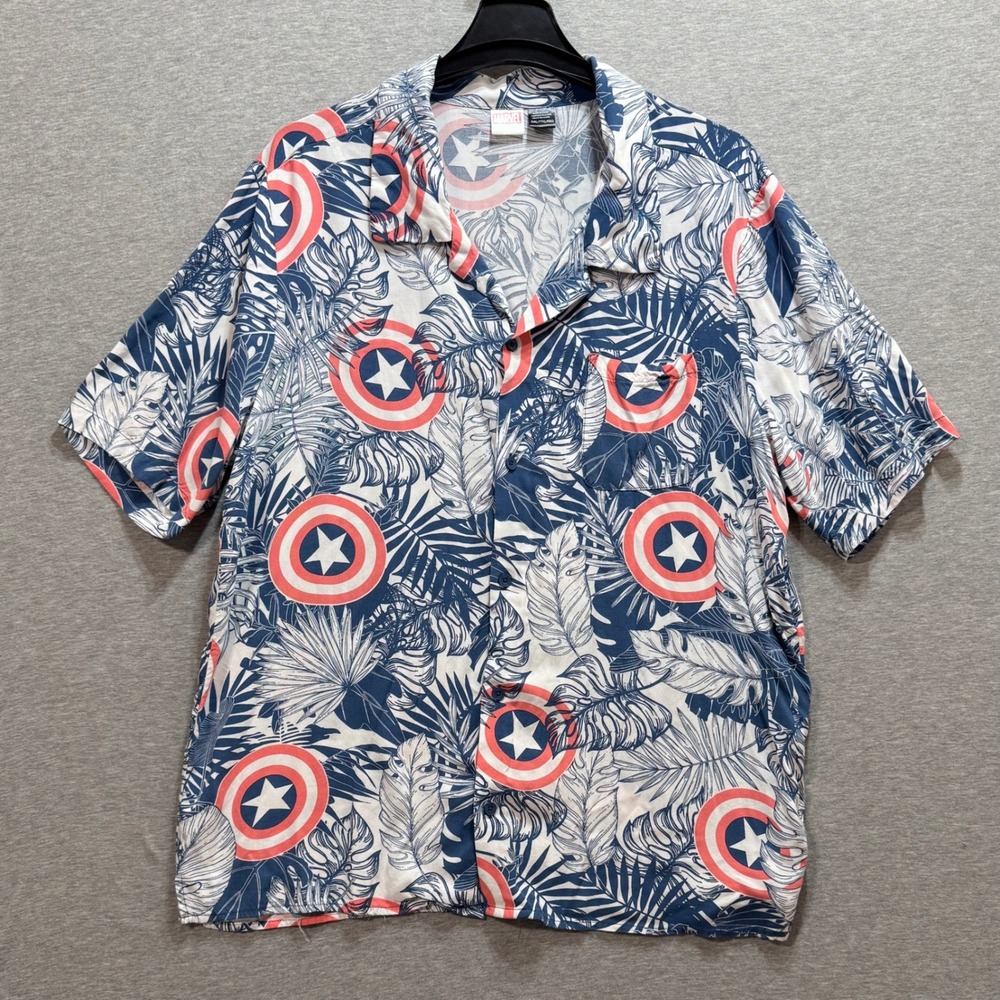 Marvel Button Down Shirt Mens XXL Blue Captain‎ America Shield Tropical Hawaiian